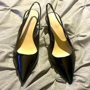 Black patent leather low heel sling backs